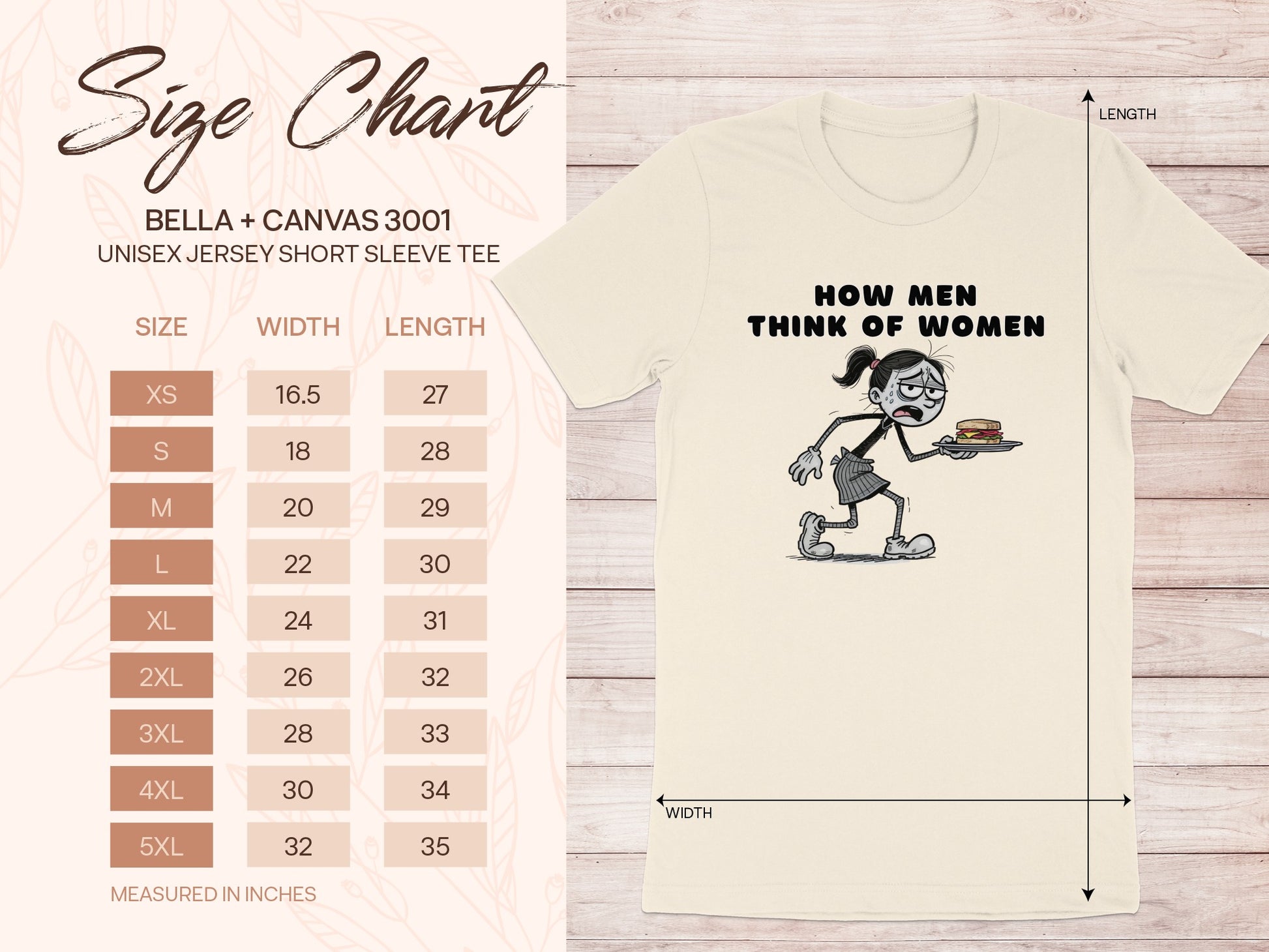 Bella + Canvas 3001 unisex t-shirt size chart with cartoon graphic and text "How Men Think of Women".