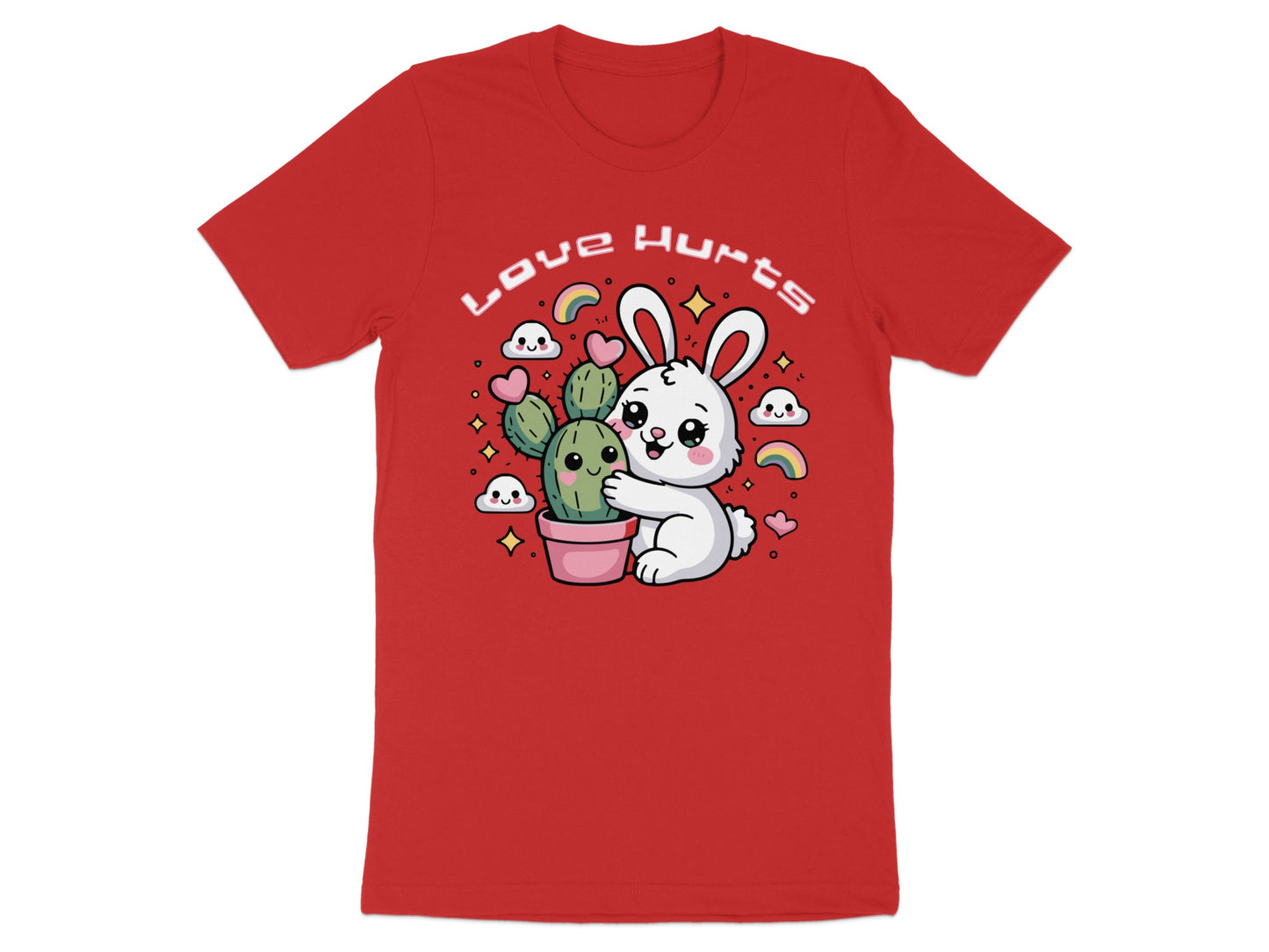 Cute bunny hugs a potted cactus with hearts and rainbows, text says "Love Hurts".