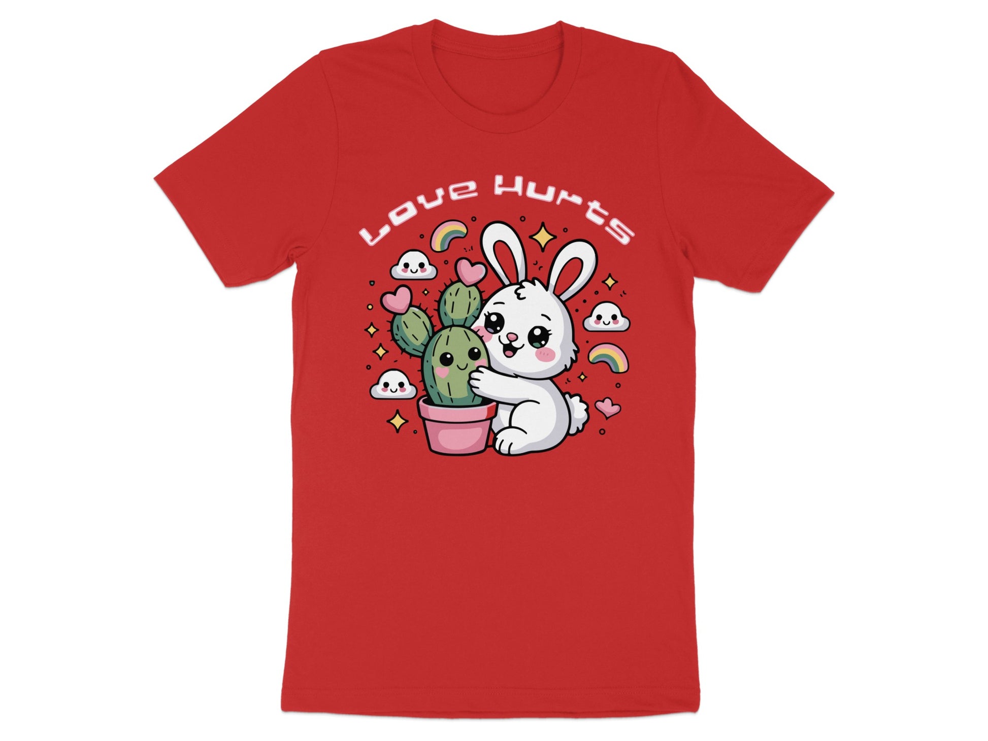 Cute bunny hugs a potted cactus with hearts and rainbows, text says "Love Hurts".