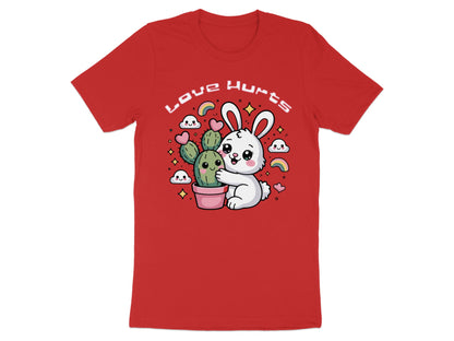 Cute bunny hugs a potted cactus with hearts and rainbows, text says "Love Hurts".