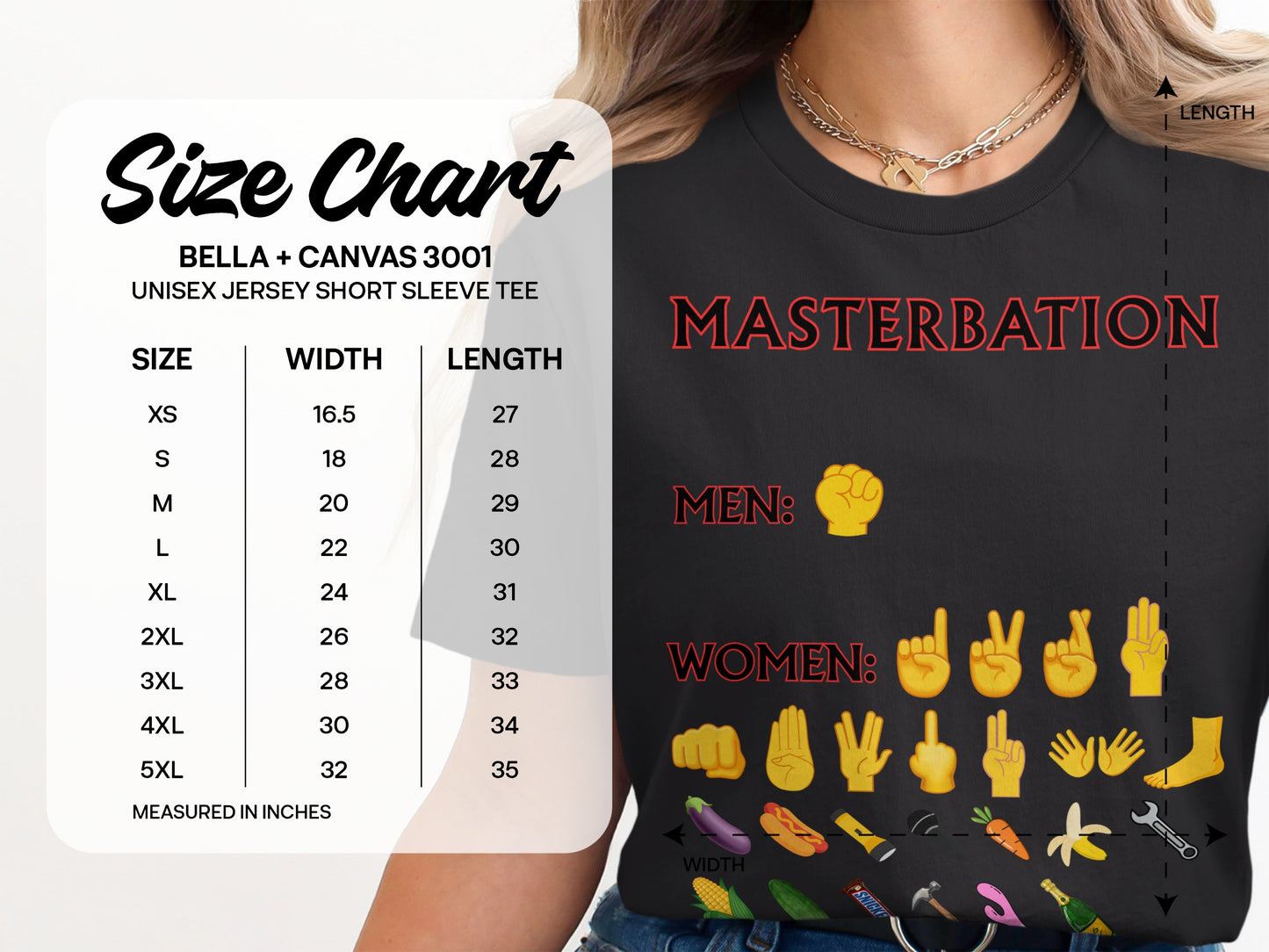 Black t-shirt with "MASTERBATION" for men and women, size chart.