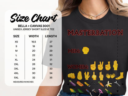 Black t-shirt with "MASTERBATION" for men and women, size chart.