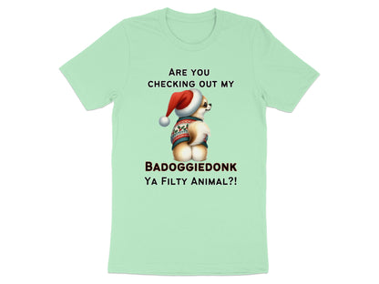Light mint green t-shirt with text and a dog in a Santa hat.