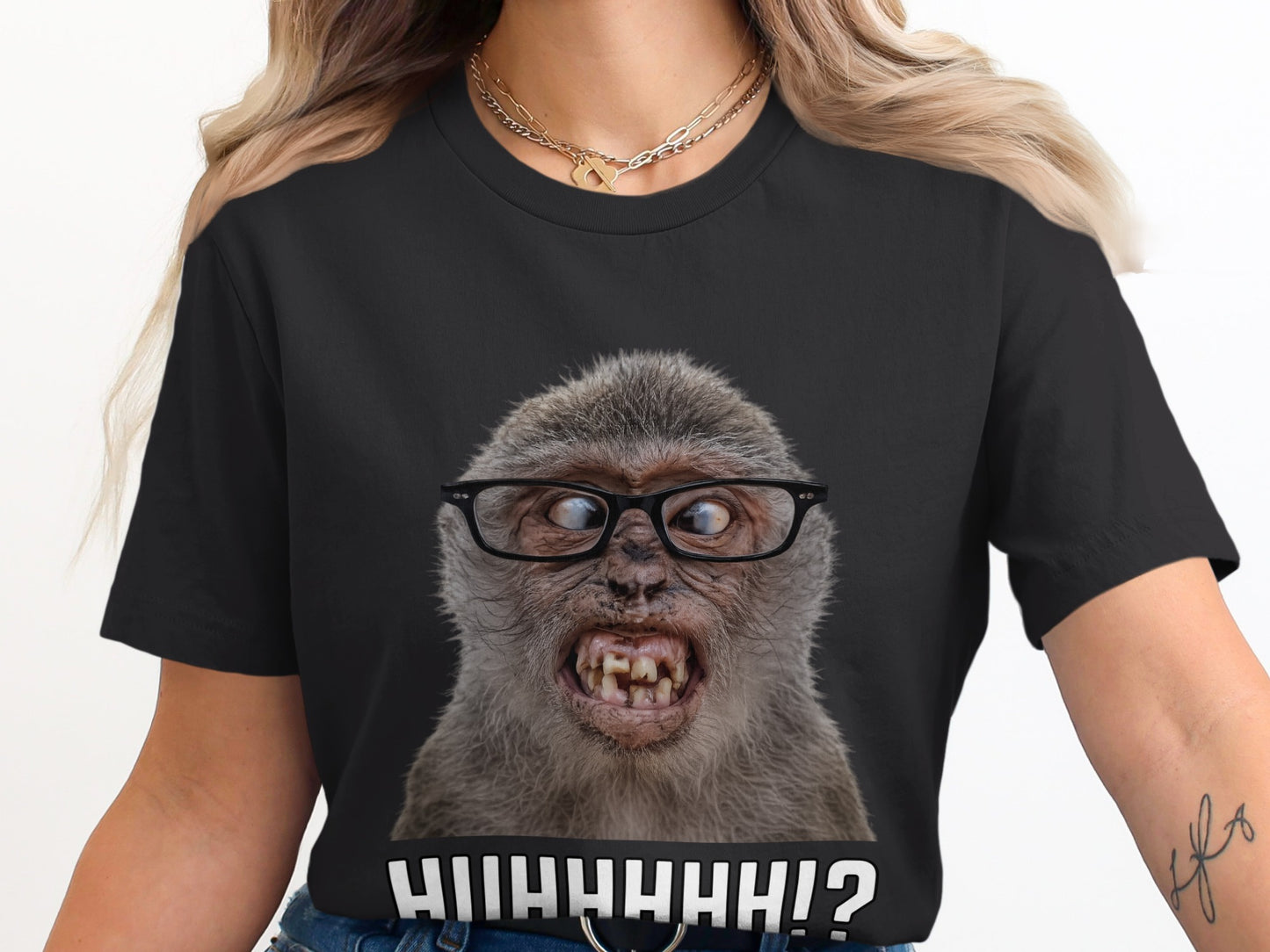Monkey with glasses and text "HIIHHHHH!?" on a black t-shirt.