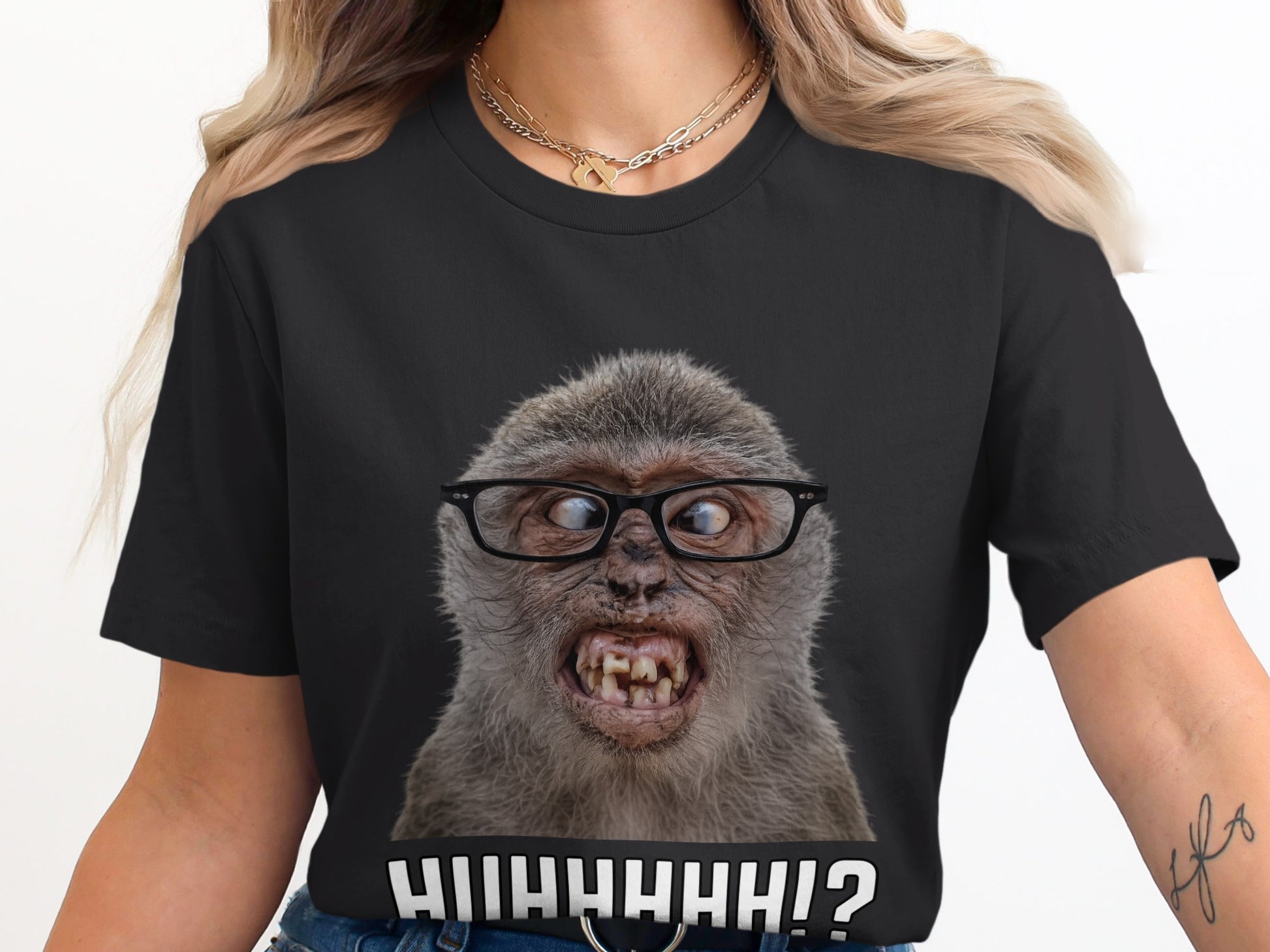 Monkey with glasses and text "HIIHHHHH!?" on a black t-shirt.