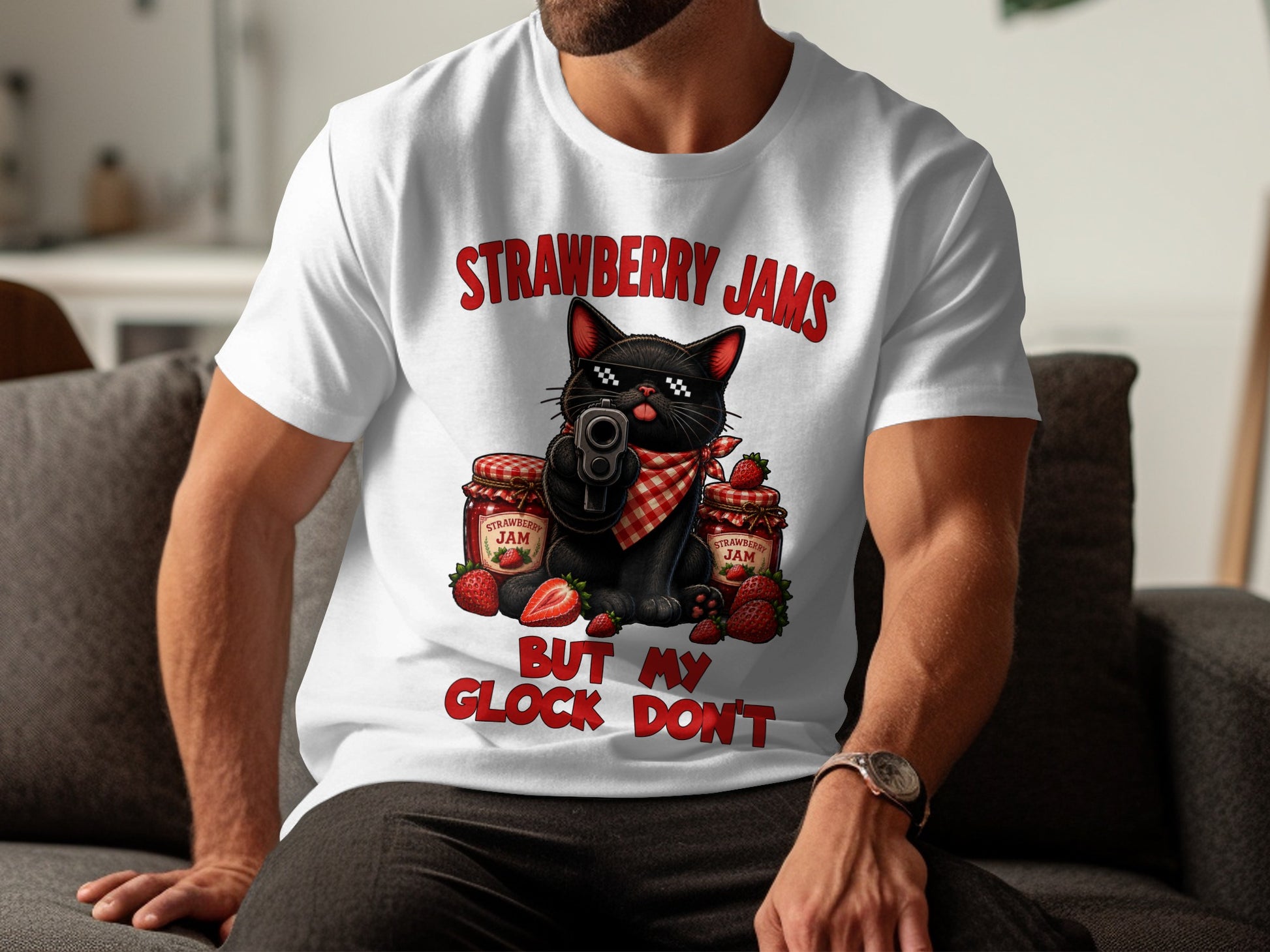 Black cat with sunglasses holds gun near strawberry jam jars, text "Strawberry Jams But My Glock Don't".
