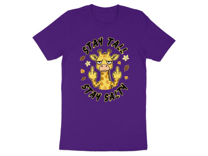 Purple t-shirt with cartoon giraffe giving middle fingers, text "Stay Tall Stay Salty".