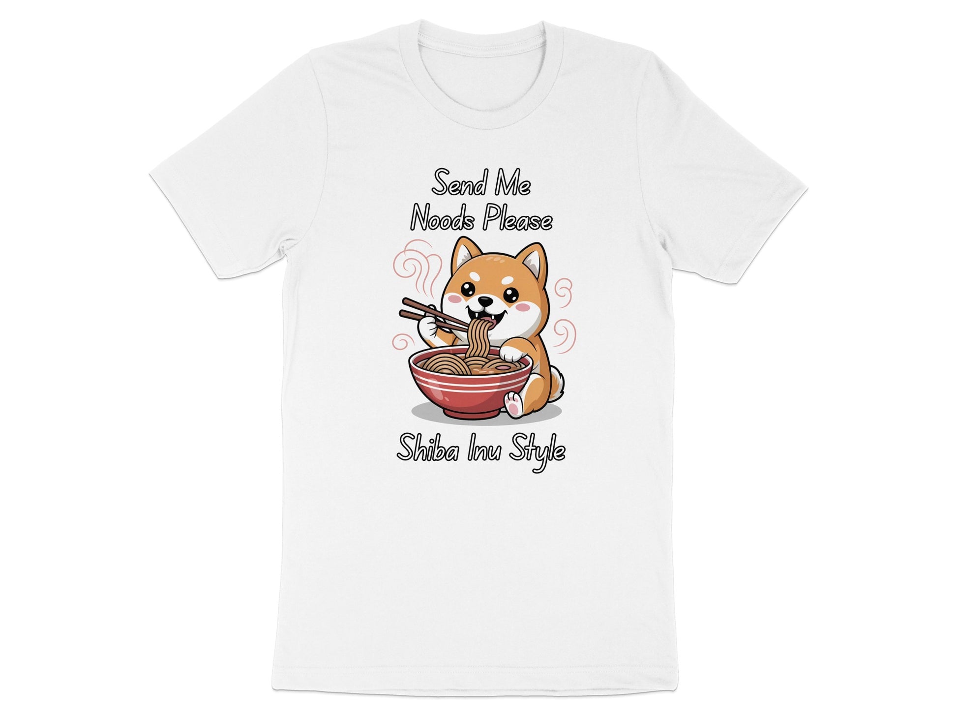 White t-shirt with cartoon Shiba Inu eating ramen, text "Send Me Noods Please" and "Shiba Inu Style".