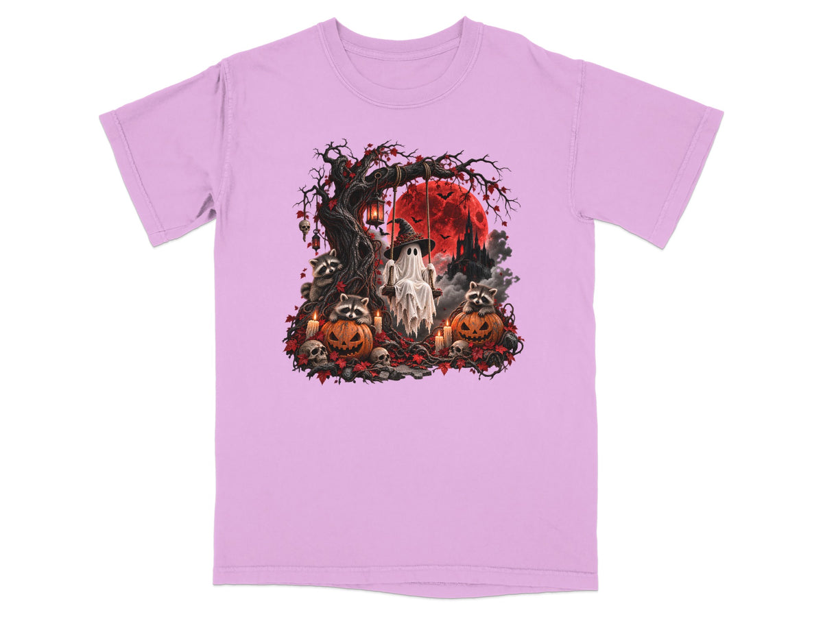 Halloween scene with ghost on swing, raccoons, pumpkins, skulls, and red moon.
