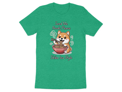 Shiba Inu eating noodles with chopsticks, text says "Send Me Noods Please Shiba Inu Style".
