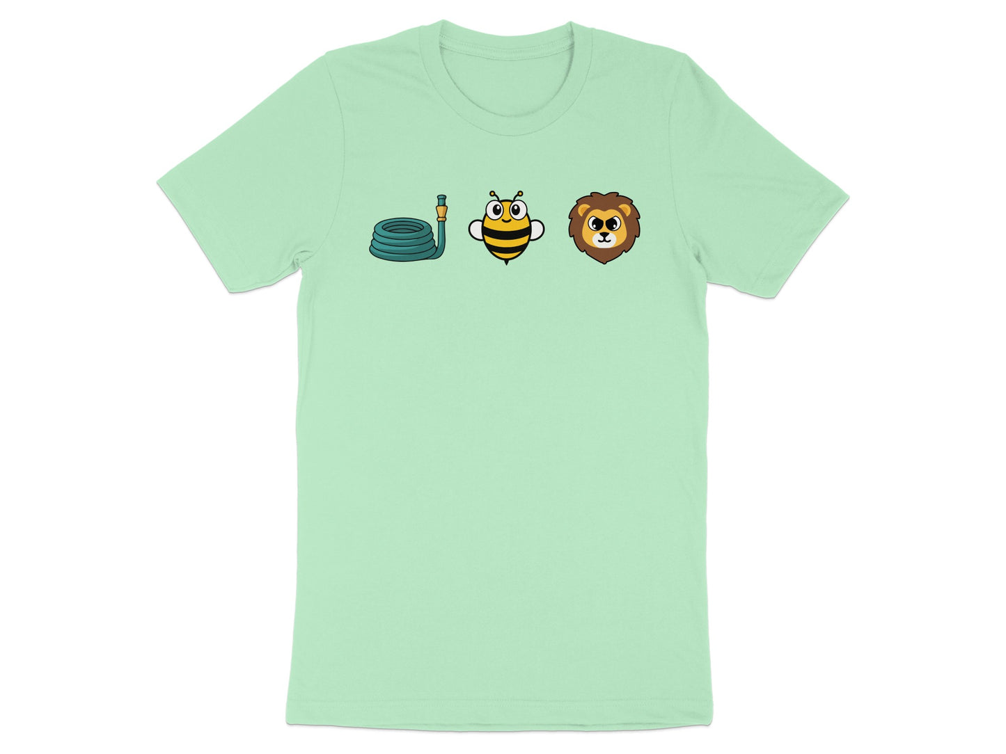Green t-shirt with a coiled hose, cartoon bee, and lion face graphic.