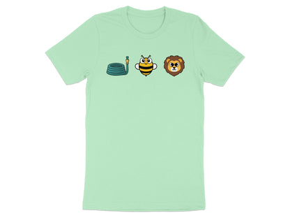 Green t-shirt with a coiled hose, cartoon bee, and lion face graphic.