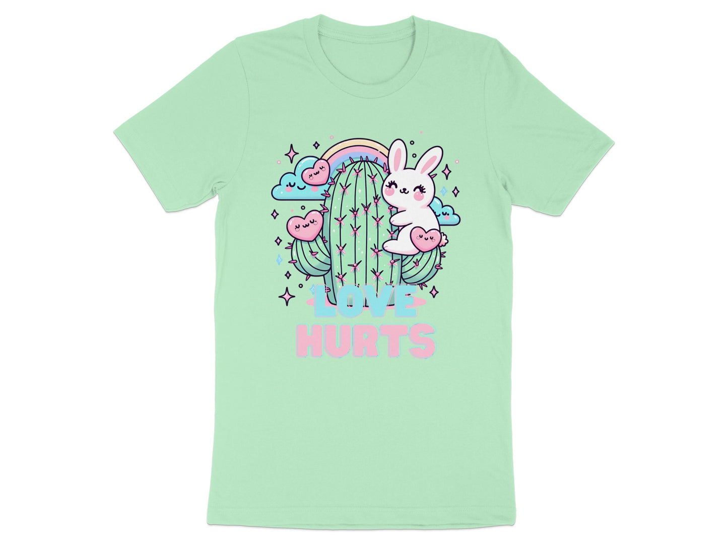 Cute cartoon-style bunnies hug a cactus under a pastel rainbow, with text "LOVE HURTS".