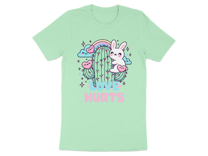 Cute cartoon-style bunnies hug a cactus under a pastel rainbow, with text "LOVE HURTS".