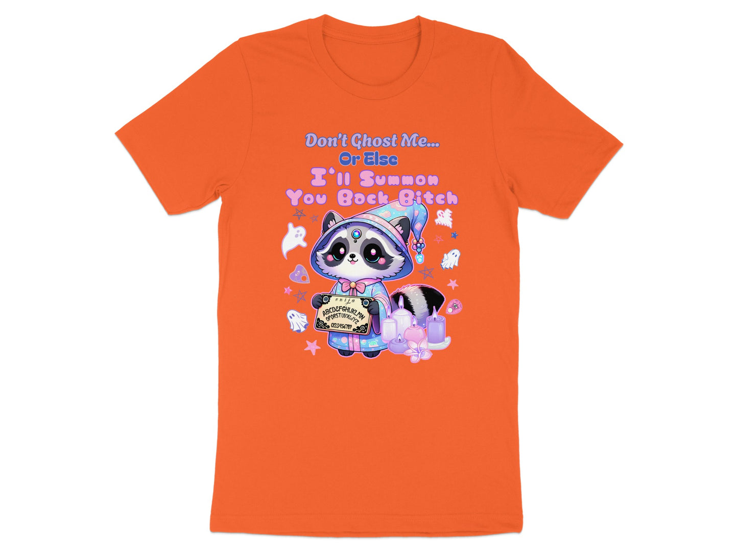 Orange t-shirt with a raccoon wearing a wizard hat and holding an Ouija board.