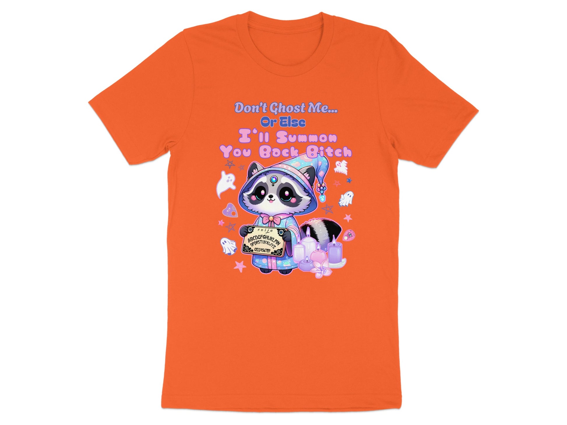 Orange t-shirt with a raccoon wearing a wizard hat and holding an Ouija board.