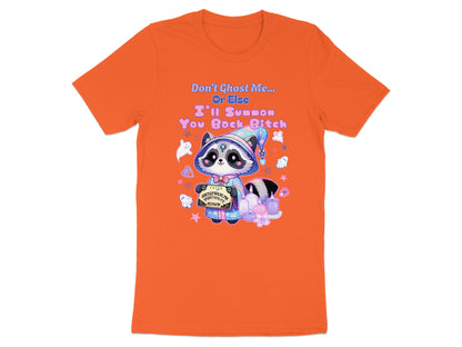 Orange t-shirt with a raccoon wearing a wizard hat and holding an Ouija board.
