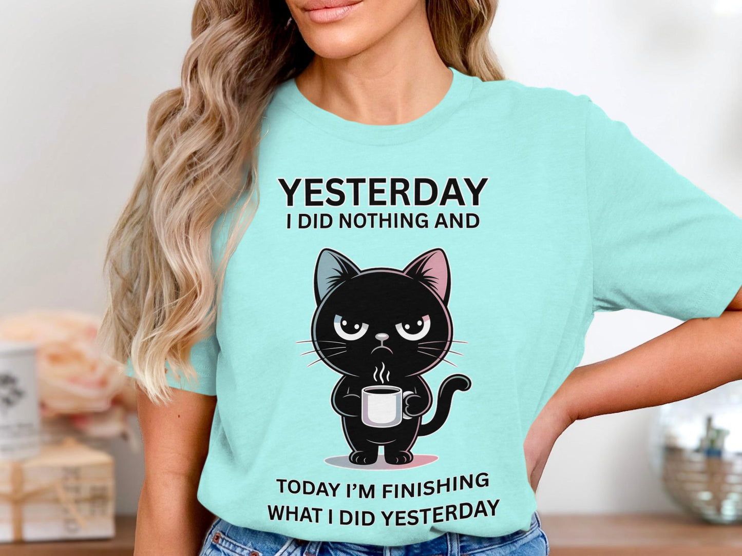Funny Cat T-Shirt: Sarcastic Coffee Cat - Lazy Day