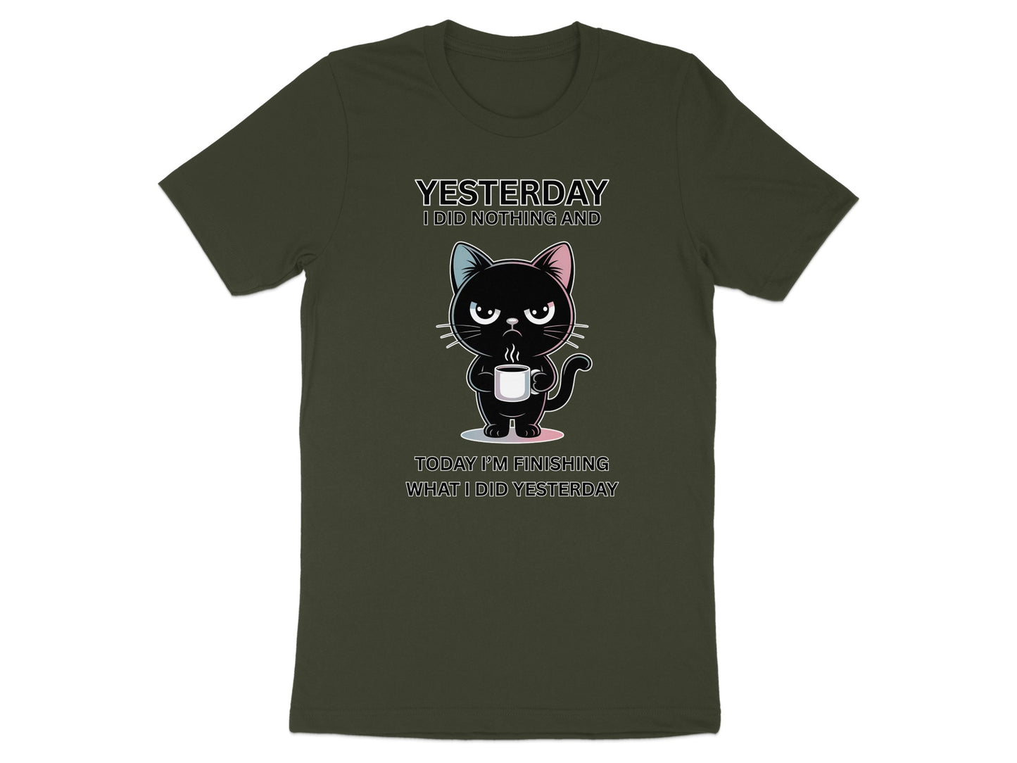 Black cat with coffee mug on dark green t-shirt with humorous text.