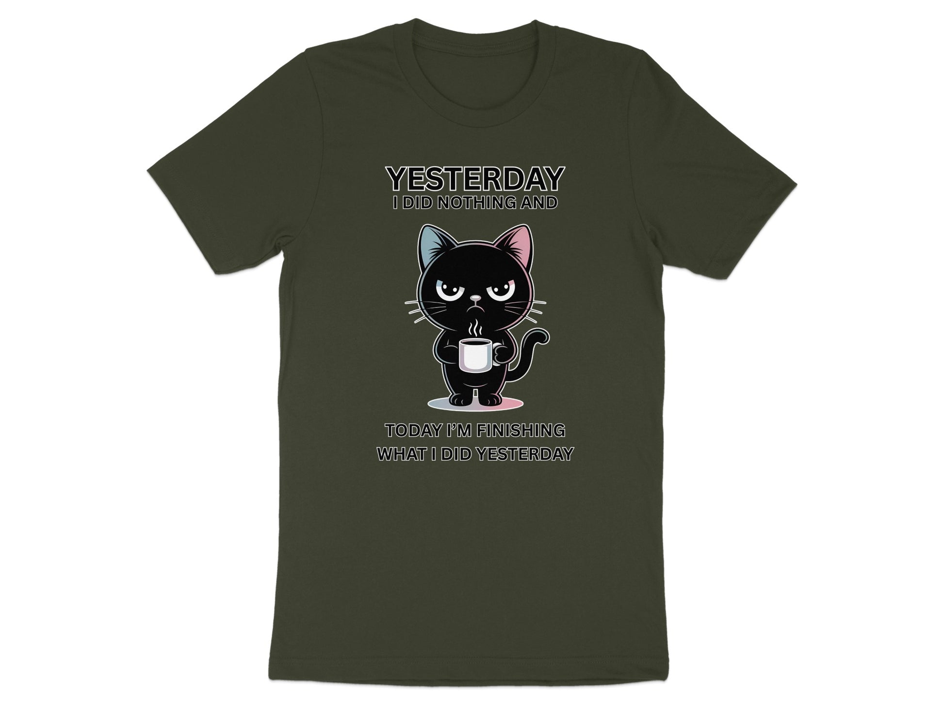 Black cat with coffee mug on dark green t-shirt with humorous text.