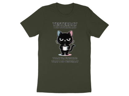 Black cat with coffee mug on dark green t-shirt with humorous text.