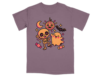 Cartoon skeleton and ghost dancing with disco ball, moon, bat, and candy.