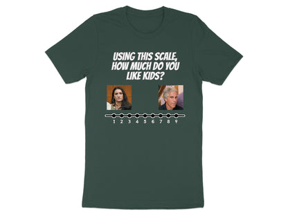 Dark green t-shirt with text, two portraits, and a numbered scale.