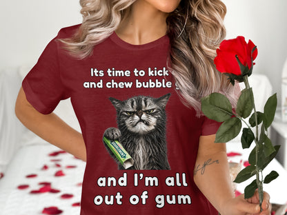Maroon t-shirt with a grumpy cat holding Doublemint gum and text about gum.