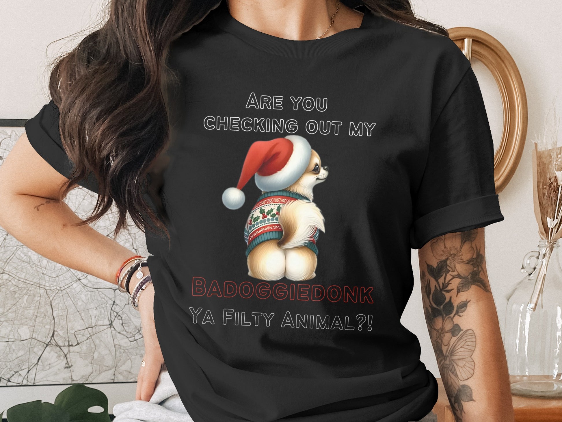 Black t-shirt with "Are you checking out my badoggiedonk ya filthy animal?!" and dog graphic.