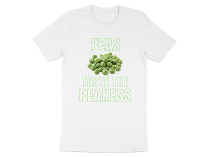 White t-shirt with text "PEAS TASTE THE PEANESS" and a pile of peas.
