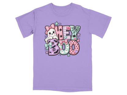 Lavender t-shirt with "HEY BOO" text, ghost, spider, and Halloween motifs.