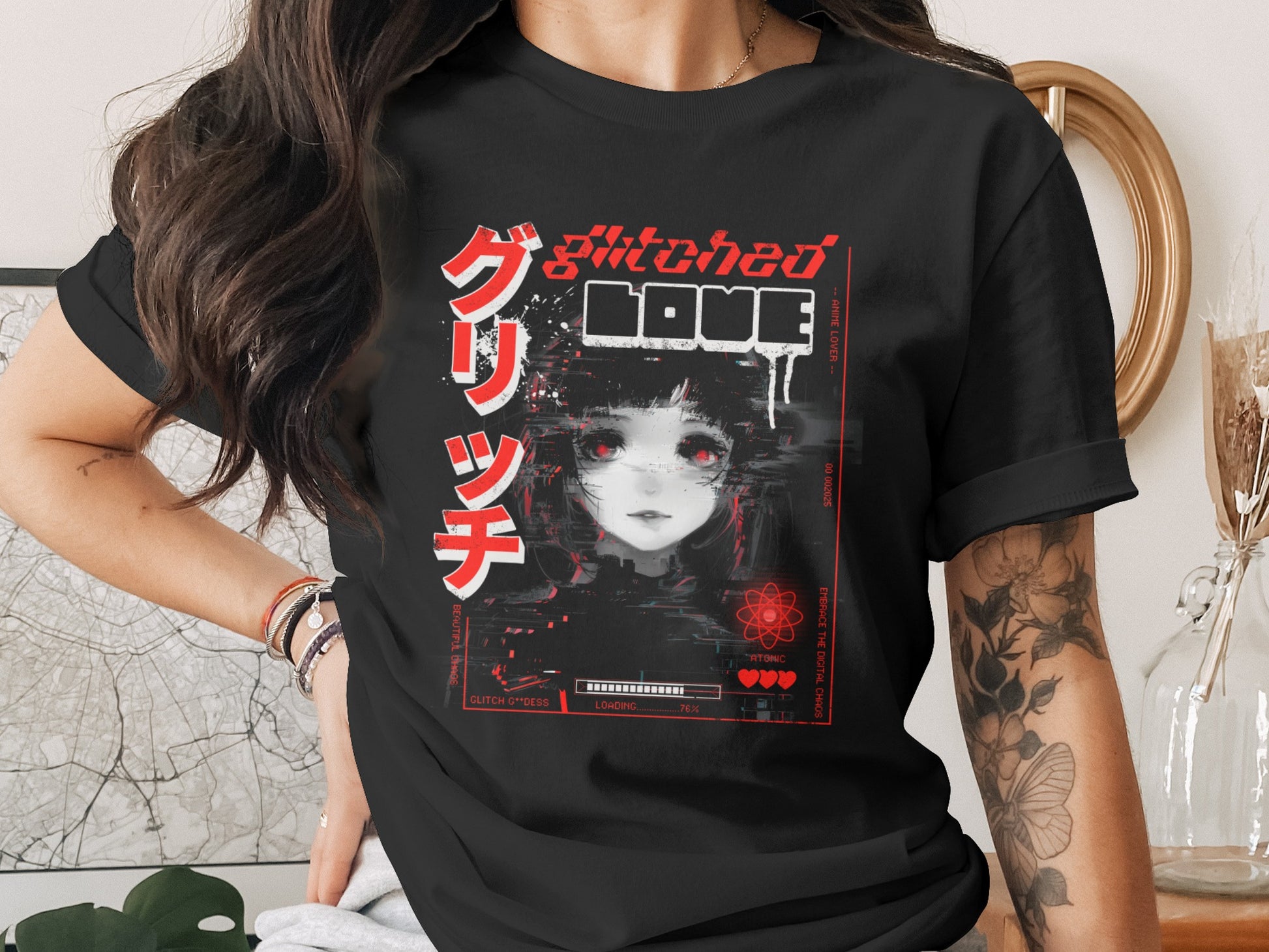 Black t-shirt with glitch art anime girl and Japanese text "Glitched Love".