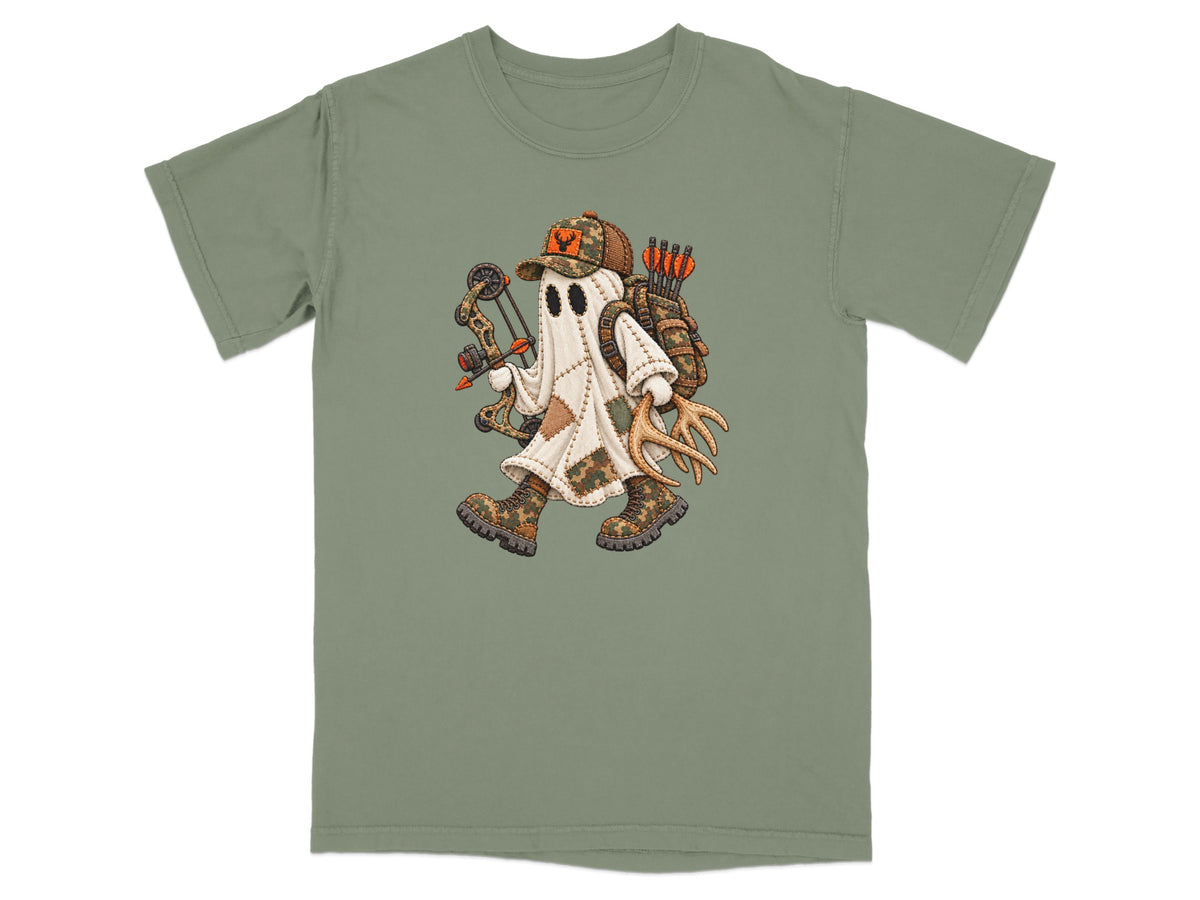 Sage green short-sleeve t-shirt featuring a ghost character holding a compound bow and antlers.