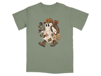 Sage green short-sleeve t-shirt featuring a ghost character holding a compound bow and antlers.