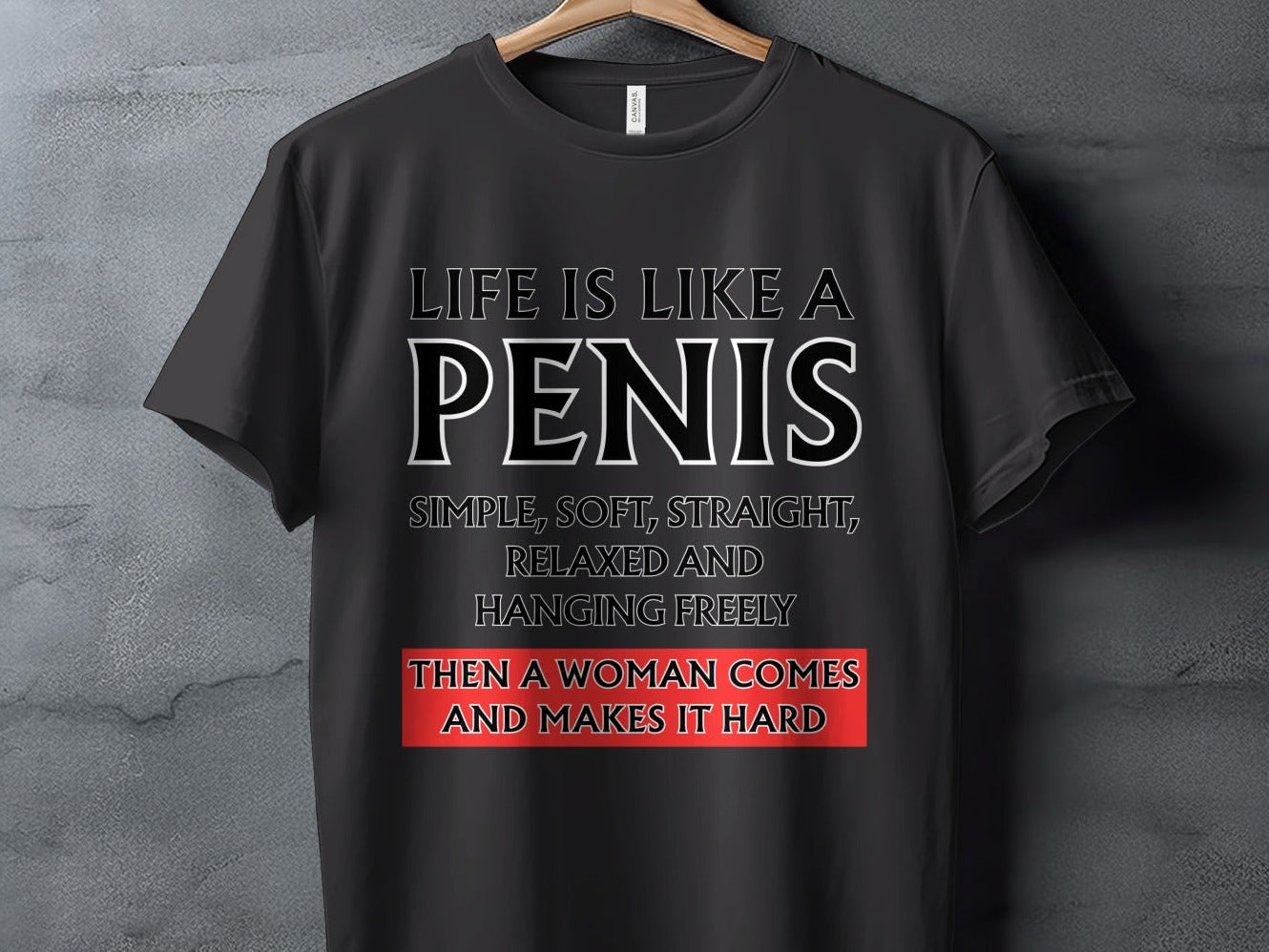 Black t-shirt with text "Life is like a penis simple, soft, straight, relaxed and hanging freely then a woman comes and makes it hard."