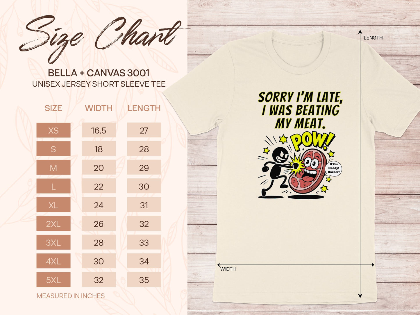 Bella + Canvas 3001 size chart alongside a cream t-shirt with comic graphic.