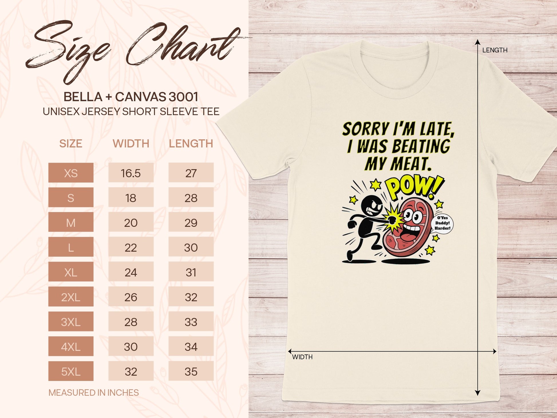 Bella + Canvas 3001 size chart alongside a cream t-shirt with comic graphic.