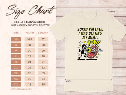 Bella + Canvas 3001 size chart alongside a cream t-shirt with comic graphic.