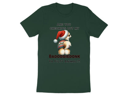 Dark green t-shirt with a chihuahua wearing a Santa hat and sweater, with text.