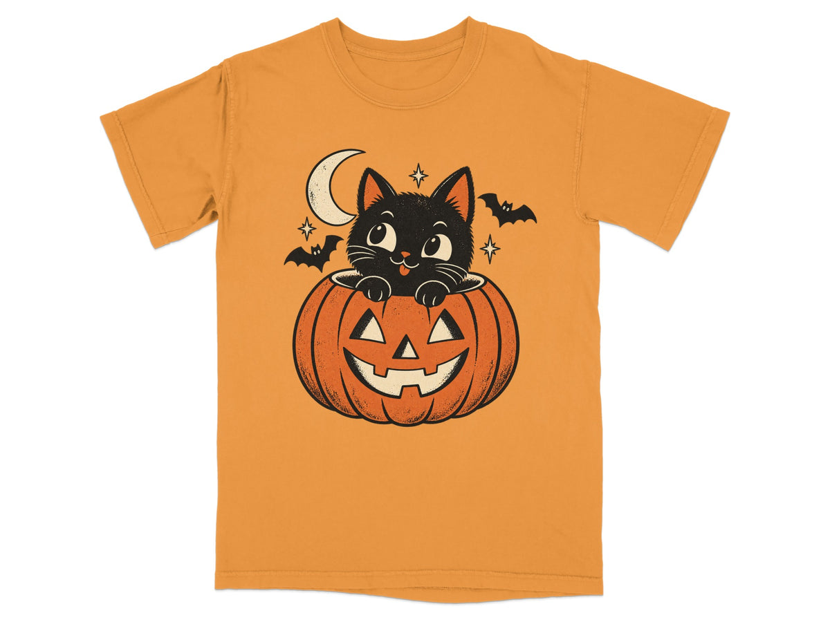 Orange t-shirt with a cartoon black cat peeking out of a jack-o'-lantern.