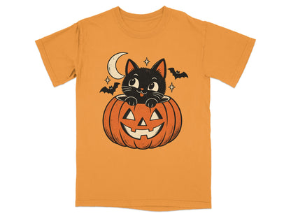 Orange t-shirt with a cartoon black cat peeking out of a jack-o'-lantern.