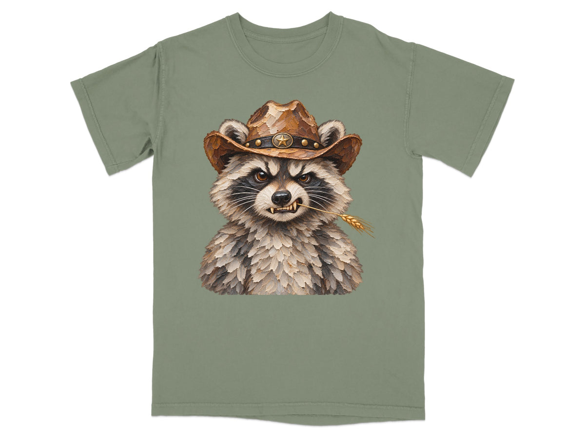 Raccoon wearing cowboy hat with wheat in mouth on green t-shirt.