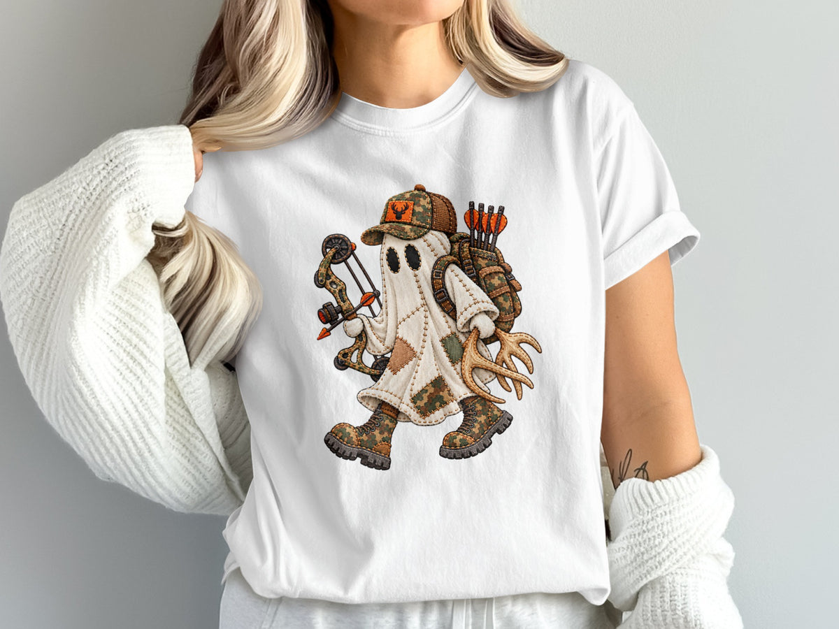 Ghost with bow, arrows, backpack, antlers, and camouflage hat.