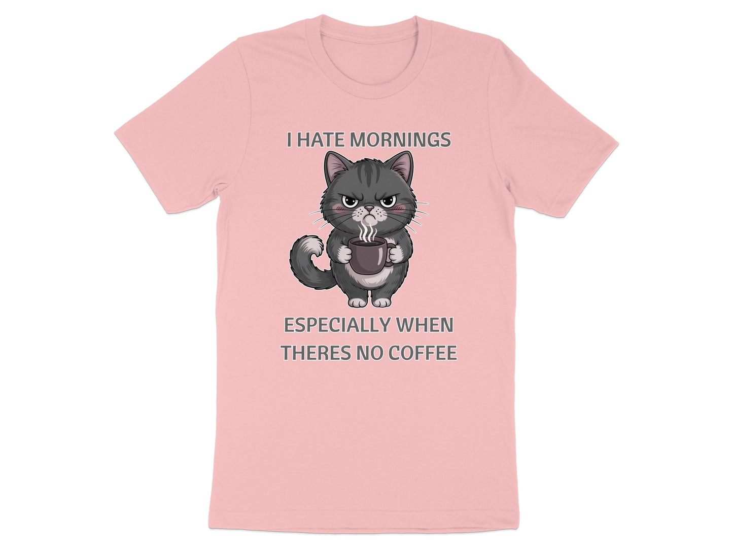 Pink t-shirt with a grumpy cat holding a coffee mug and text.