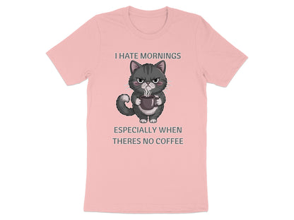 Pink t-shirt with a grumpy cat holding a coffee mug and text.