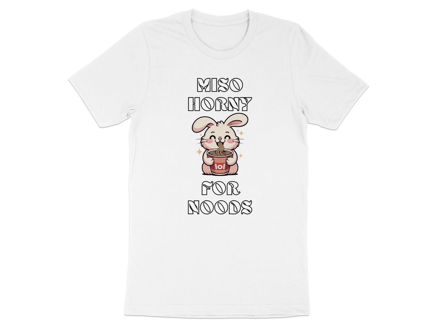 White t-shirt with text "MISO HORNY FOR NOODS" and a rabbit holding ramen.