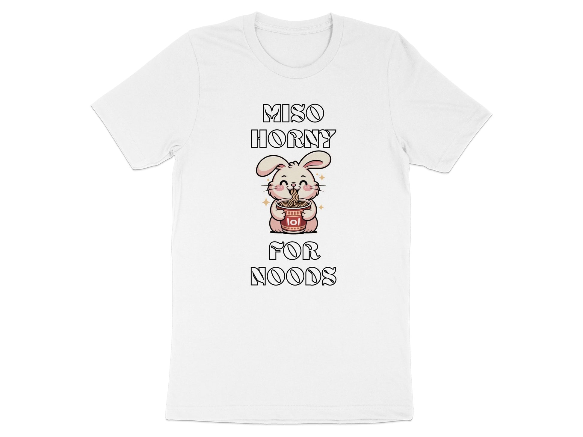 White t-shirt with text "MISO HORNY FOR NOODS" and a rabbit holding ramen.