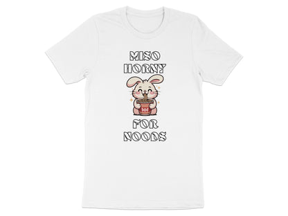 White t-shirt with text "MISO HORNY FOR NOODS" and a rabbit holding ramen.