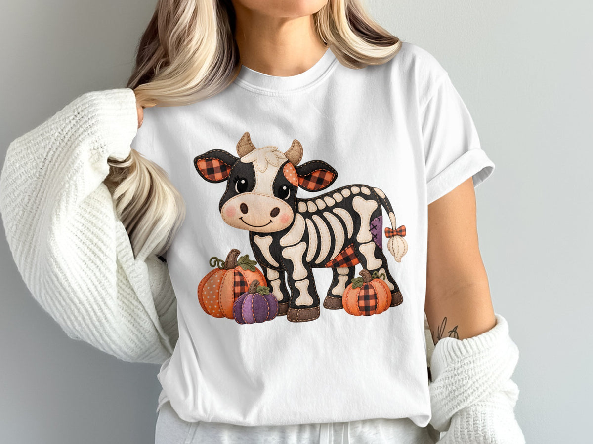 Skeleton cow with pumpkins and plaid accents on a white t-shirt.