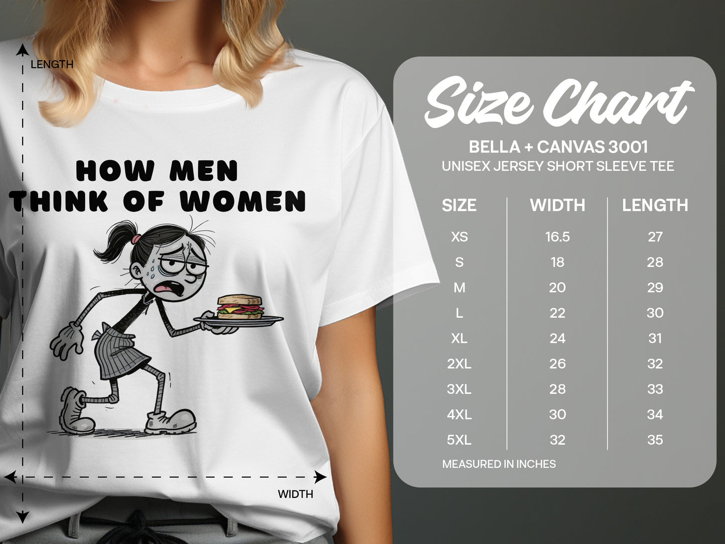 T-shirt with "HOW MEN THINK OF WOMEN" text and cartoon, with Bella + Canvas 3001 size chart.